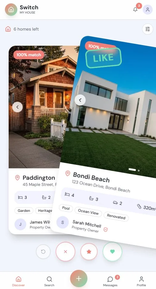 Switch My House app, discover screen