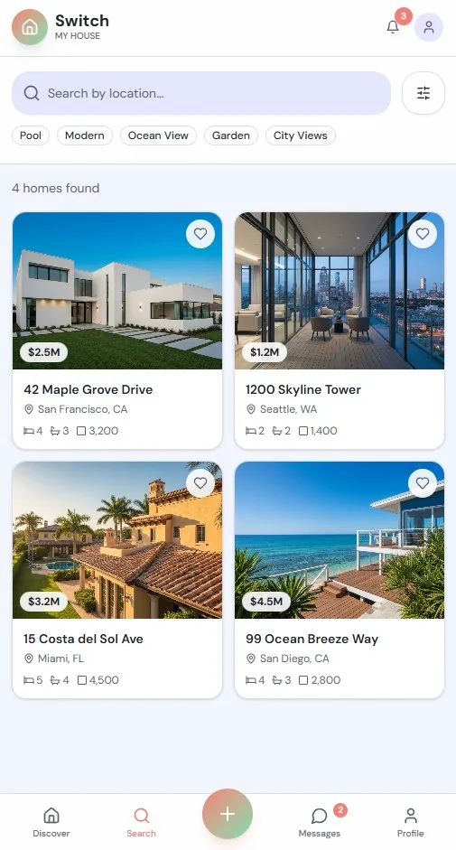 Switch My House app, listings screen