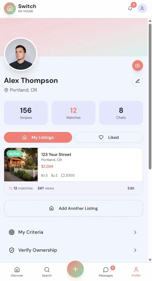Switch My House app, profile screen